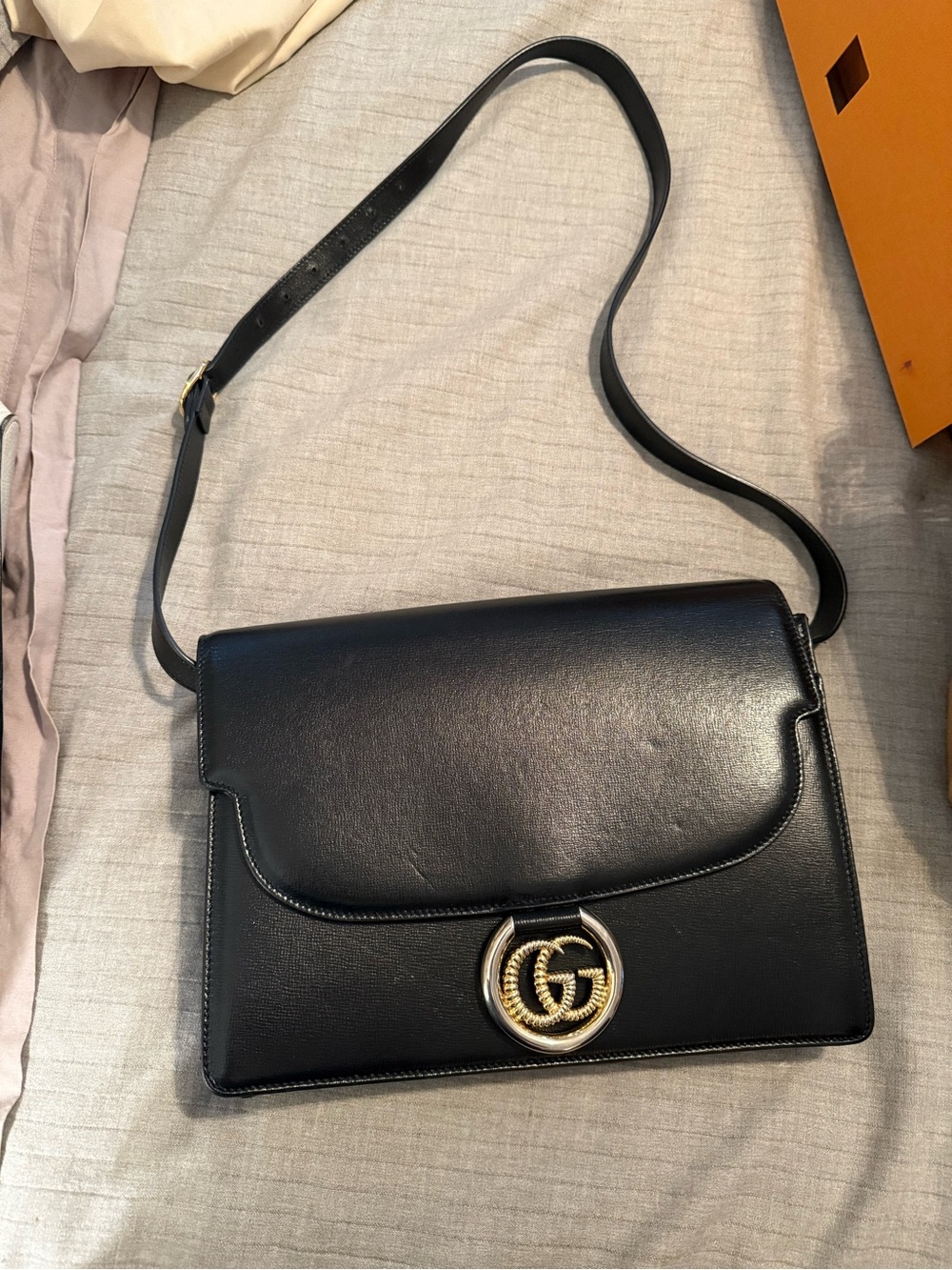 Gucci Black Leather Crossbody Bag with Gold Double G